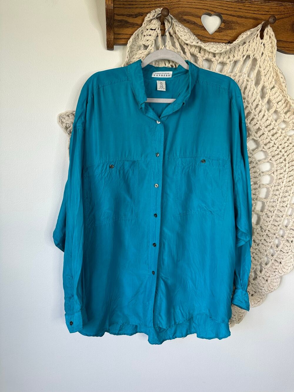 Express Vintage 90s Oversized Silk Button Up Turquoise Blue Shirt Size Large